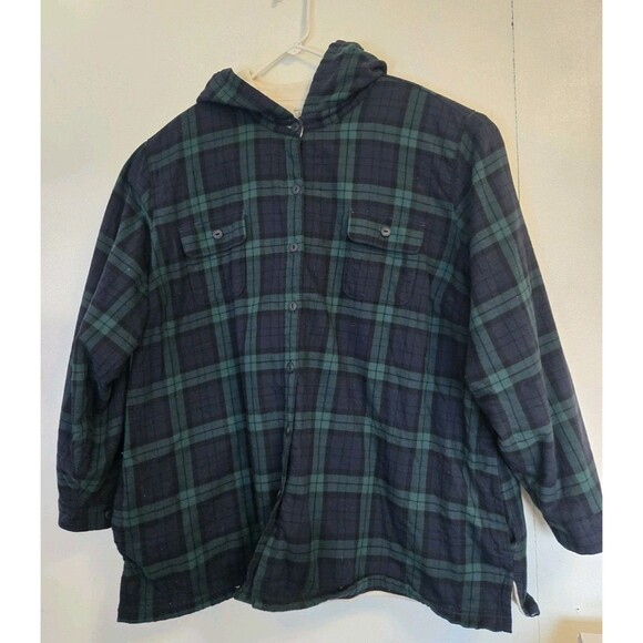 LL Bean Jacket Womens 3X Fleece Lined Shirt Hooded Button Up Green Plaid Shacket - Picture 1 of 8